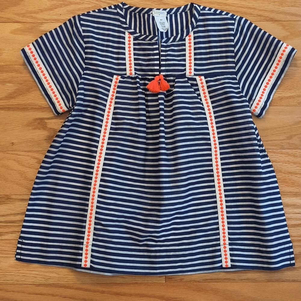 Crewcuts Navy and White Striped Kids Blouse w/ Orange Accents, Size 6/7 EUC